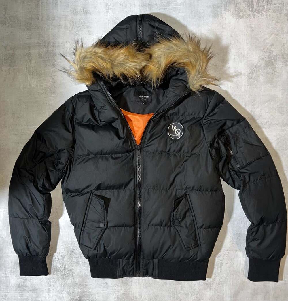 Vanquish Fitness Black Puffer Jacket with Faux Fur Hood and Orange Lining